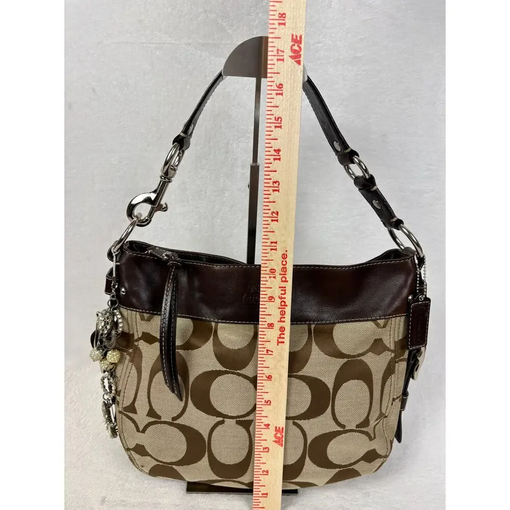 Coach Signature Y2K Zoe Hobo in Tan/Dark Brown Jacquard with Custom Charm